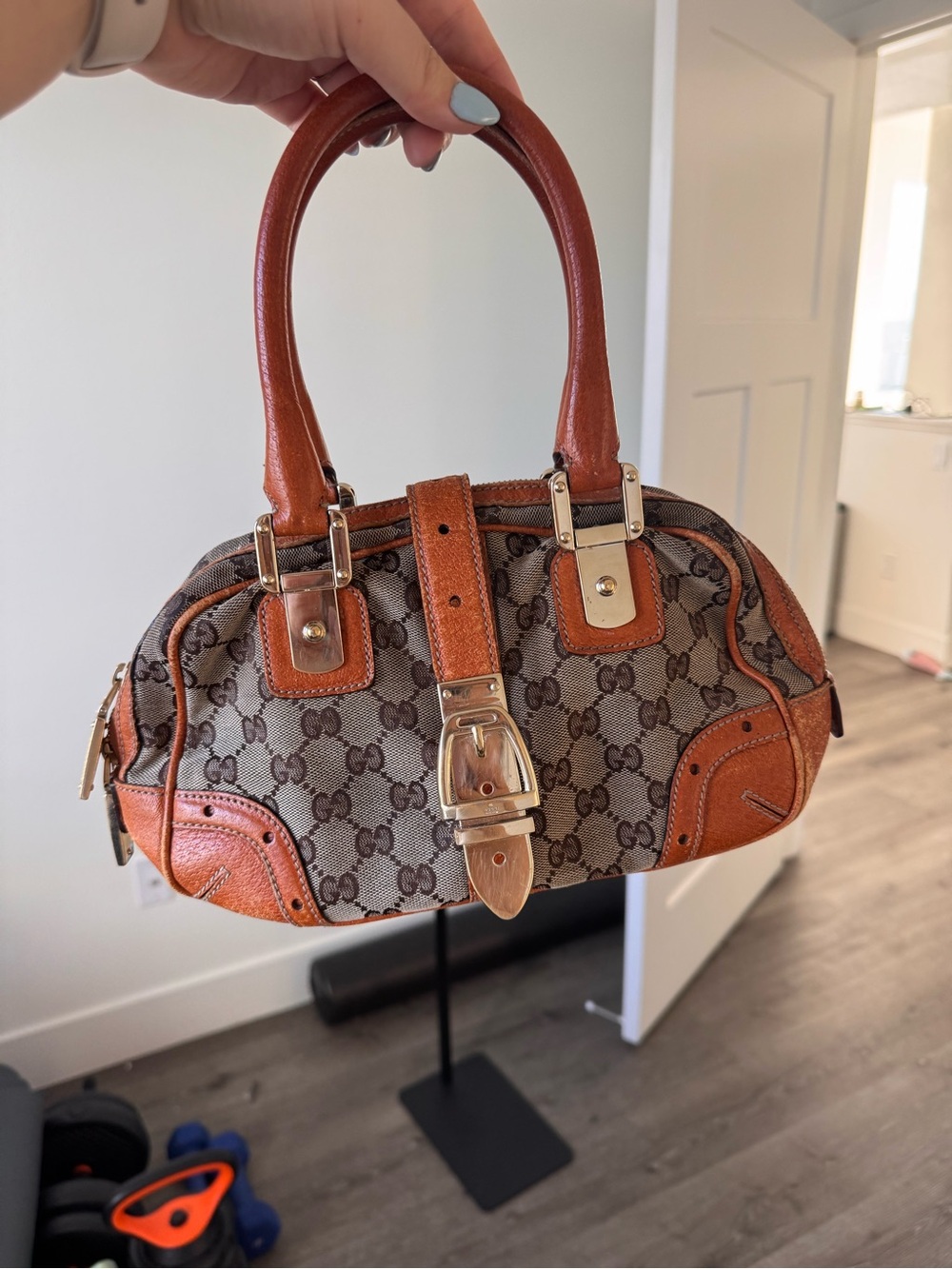 Gucci Tan/Brown GG Canvas Satchel with Orange-Tan Leather Trim